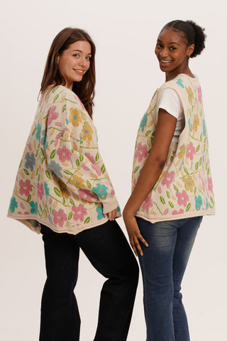 Flower Power Duo – Matching Knit Cardigan & Vest Set