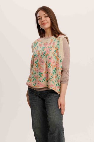 FlowerTangle Knit Vest – Jungle-Inspired Sleeveless Floral Cardigan