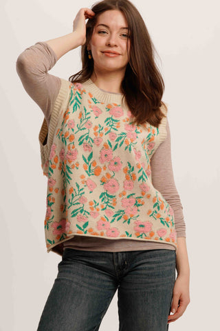 FlowerTangle Knit Vest – Jungle-Inspired Sleeveless Floral Cardigan