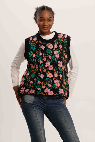 FlowerTangle Knit Vest – Jungle-Inspired Sleeveless Floral Cardigan